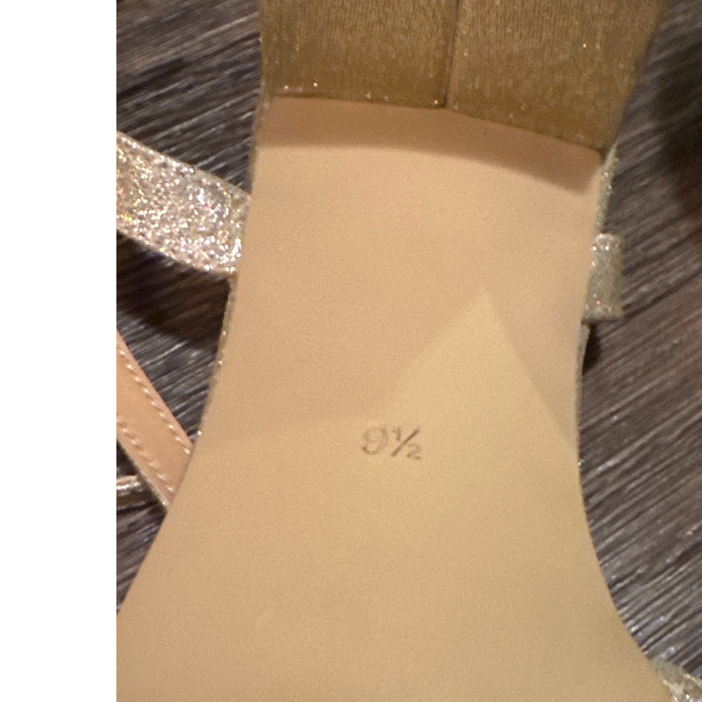 American Glamour Badgley Mischka Gold Glitter Rhinestone Block Heel Sandals 9.5 - Picture 10 of 13